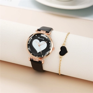 Women's rose gold heart watch with rhinestones and matching black leather strap