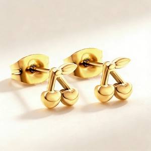 Minimalist gold cherry-shaped stud earrings in polished stainless steel for women