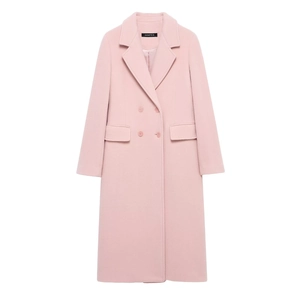 Pale pink long wool coat for women with double-breasted buttons and classic lapels