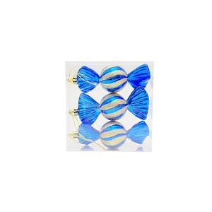 Three-piece set of blue electroplated Christmas candy ornaments with gold spiral glitter
