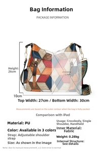 Detailed size guide of geometric patchwork tote bag with iPad Mini for scale