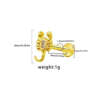 Detail of gold scorpion labret stud with white zircon and size measurement specs