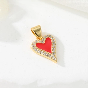 Elegant 14K gold plated heart necklace pendant with red enamel and pavé zircon stones
