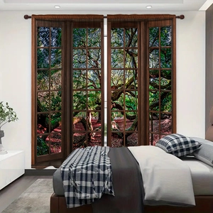 Detailed macro of 3D digital forest print curtains with realistic faux window landscape