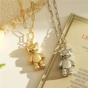 Cute 3D Bear Pendant Necklace For Women Copper Gold Silver Plated Paperclip Cable Chain Long Necklace Fashion Jewelry Gift