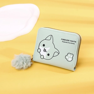 Light green PU leather mini wallet featuring a cute Shiba Inu pattern and pompom charm
