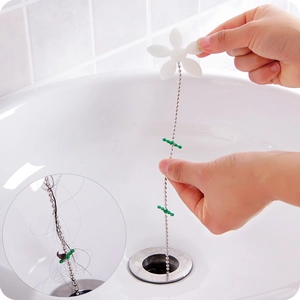 Flower sink drain cleaner hook with metal chain and silicone hooks for hair removal
