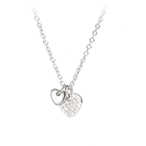Polished S925 sterling silver necklace featuring double interlocking hearts with pavé stones