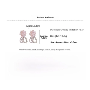 Infographie boucles d'oreilles fleur rose avec perles synthétiques et dimensions détaillées