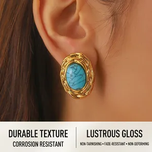 Close-up of vintage oval turquoise stud earrings with textured gold-plated stainless steel edge