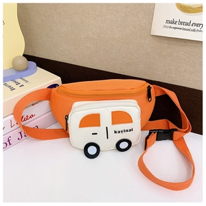 Detail view of orange and white car-shaped kids waist bag with adjustable strap and dual zippers