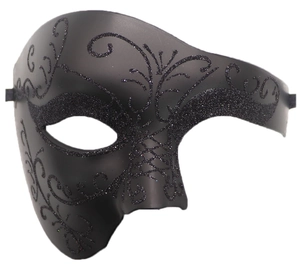 Close-up of matte black phantom masquerade mask with glittering sequin floral patterns