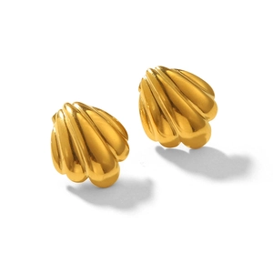 Detail of 18k gold plated stainless steel scallop shell earrings with polished finish