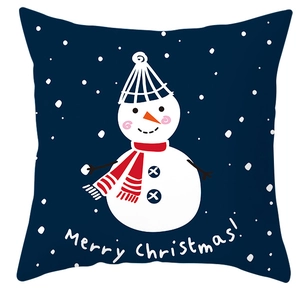 Detailed view of dark blue Christmas pillowcase with snowman print and Merry Christmas text