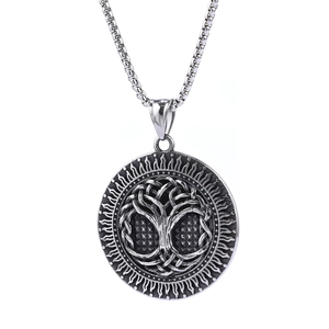 Vintage Tree of Life pendant in polished stainless steel with sun ring totem on chain