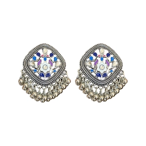 Ethnic phoenix crescent earrings with blue enamel flower and silver bead tassels
