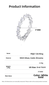 Detailed technical specifications for the S925 sterling silver ring with cubic zirconia stones