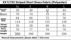 Guide des tailles pour robe courte rayée en polyester avec mesures du XS au L