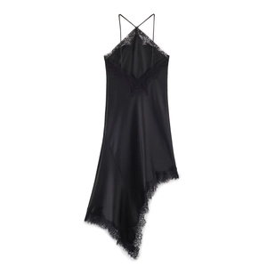 Elegant black satin dress with lace trim and asymmetrical hem on white background