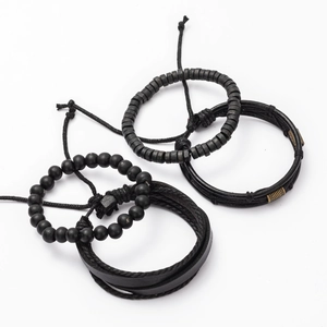 Detail of 4-piece set black leather and wood bead multilayer bracelets for men