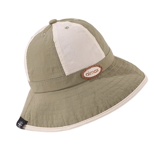 Two-tone sage green and beige kids bucket hat with letter patch and snowflake detail