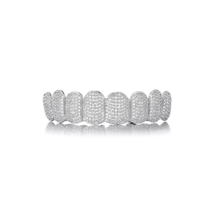 Macro shot of silver hip-hop grillz with high-quality cubic zirconia micro-pave setting
