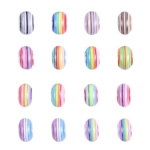 Detail of 16 striped multi-colored round beads for DIY bracelet making in a grid layout