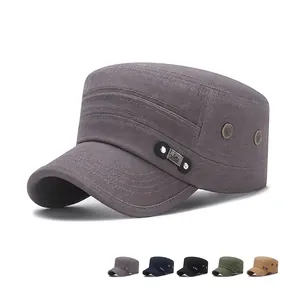 Men Flat Top Cadet Cap Cotton Twill Breathable Adjustable Outdoor Military Army Hat Sun Protection Vintage Casual Style