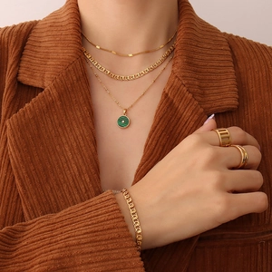 French style 18k gold layered necklace and bracelet set with green round pendant