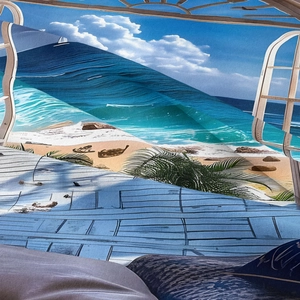 Detail of 3D beach window view tapestry with blue ocean and tropical palm leaves