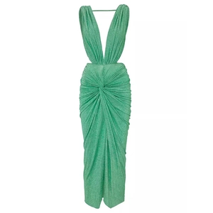 Detail of mint green glitter fabric on deep V-neck cut-out dress with knot detail