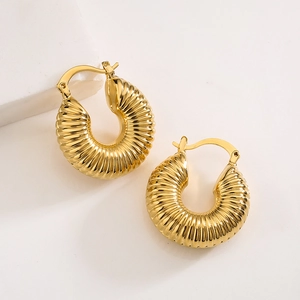 French style gold plated ribbed croissant hoop earrings with elegant metal texture