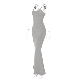 Detail of grey sleeveless bodycon maxi dress showing soft cotton blend fabric texture