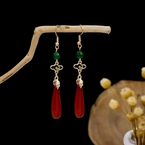 Vintage Chinese Style Earrings Auspicious Cloud Water Drop Alloy Red Green Pendant For Women Cheongsam Accessory
