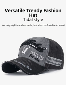 Detailed view of vintage washed baseball cap with Rock Rebel embroidery and distressed holes