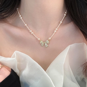 Franse Vintage Zirconia Strik Hanger Halsketting Elegant Kunstparel Sleutelbeenketting Voor Dames Exquise Luxe Sieraden
