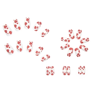 Pink and white cow print press-on nails set in short coffin shape for women manicures