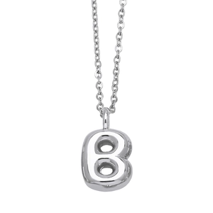 Minimalist silver letter B pendant necklace with a classic O-chain on white background