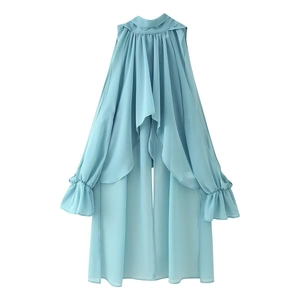 Elegant light blue chiffon long blouse with high-neck ruffles and flowing tiered sleeves