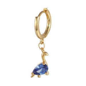 Detail of dinosaur drop earring in gold with a blue teardrop zircon stone pendant