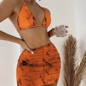 Three-piece marble print mesh bikini set with halter top and ruched high-waist mini skirt