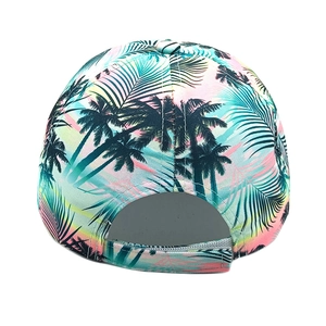 Rear view of tropical palm tree print baseball cap with adjustable strap and gradient colors