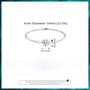 Detailed specs of S925 sterling silver star bangle with 54mm inner diameter and heart charm