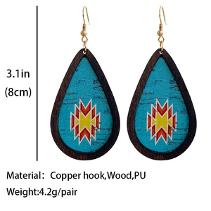Detail showing tear-drop geometric earrings with dimensions 3.1 inches and material info