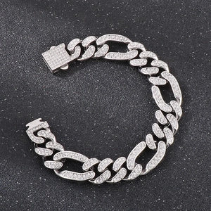 Hip hop silver Cuban link bracelet with full diamond rhinestones on black background