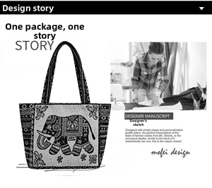 Close-up of the large ethnic elephant totem and floral embroidery on this canvas tote bag