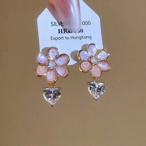 Pink resin flower earrings with heart-shaped zircon drop pendants on gold plated silver