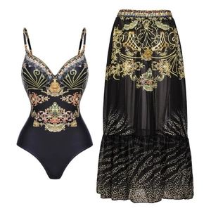 Elegant black and gold Baroque print one-piece swimsuit with matching long maxi skirt