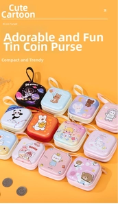 Detailed grid of tinplate square coin purses with colorful cartoon patterns and zippers