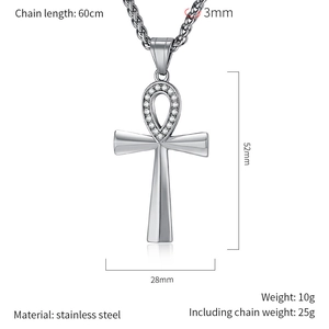Detailed size specifications for silver stainless steel Ankh cross necklace with small crystals